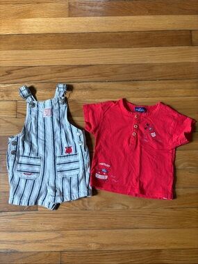 Red Nautical Tee & Striped Overalls baby Matching Set 9 months